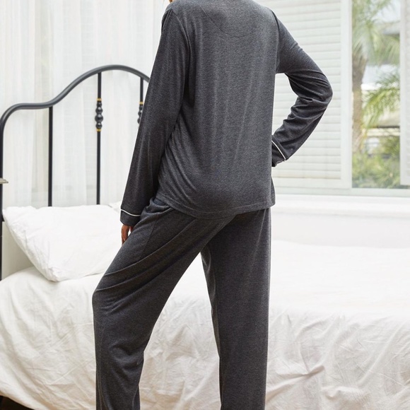 Contrast Piping Button Down Top and Pants Women's Loungewear Set - Picture 6 of 7